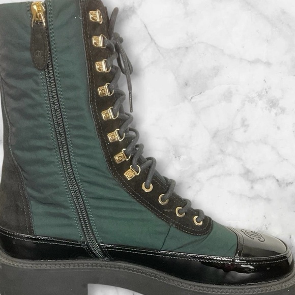 Chanel Nylon Suede Calfskin Black and Dark Green Combat Boots Size 40 - Picture 6 of 8